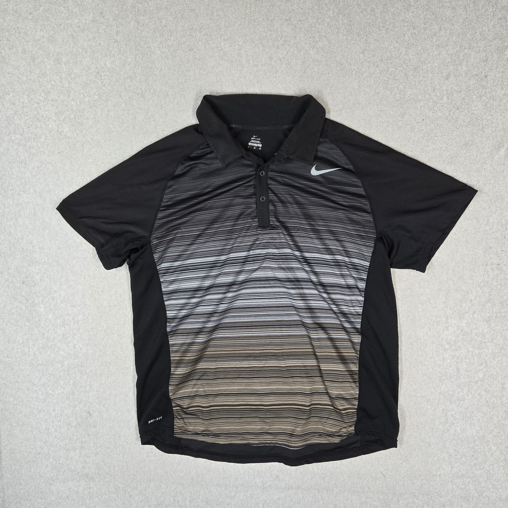 Nike Men Polo XL Black Striped Dri-Fit Activewear Logo Short Sleeve